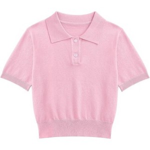 Girls Short Sleeve Summer Polo Shirt V Neck Button Down Knit School Crop Tops - 1 of 4