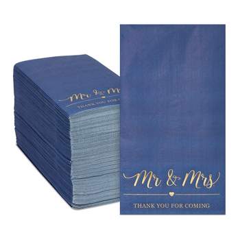 Sparkle and Bash 100 Pack Navy Blue Napkins for Wedding Reception with Gold Foil, Mr and Mrs, 3-Ply, 4 x 8 In