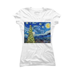 Junior's Design By Humans Van Gogh Starry Night - Christmas Tree By bcstudio T-Shirt - 1 of 3