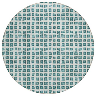 Teal Blue And Ivory Geometric Washable Indoor Outdoor Area Rug