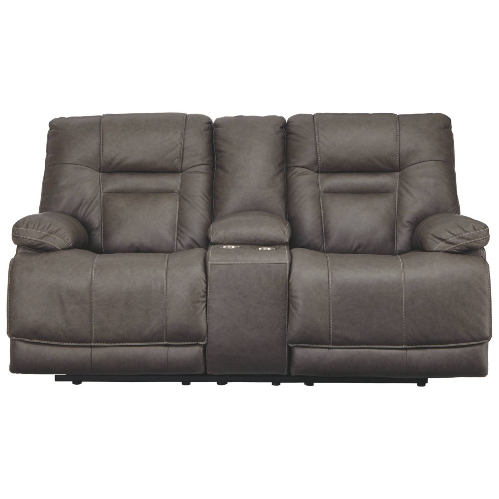 Wurstrow Power Reclining Loveseat with Console/Adjustable Headrest Smoke (Grey) - Signature Design by Ashley. has small rip on left armrest 