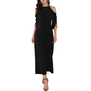 INSPIRE CHIC Women's Halter Sequin Cold Shoulder Split Sleeve Cocktail Wide Leg Jumpsuits - 1 of 4