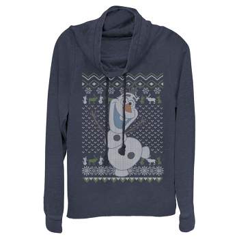 Juniors Womens Frozen Ugly ChristmasOlaf Sven Cowl Neck Sweatshirt