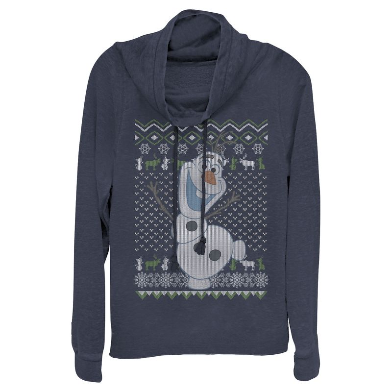 Juniors Womens Frozen Ugly ChristmasOlaf Sven Cowl Neck Sweatshirt, 1 of 4