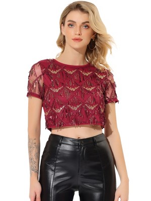 Allegra K Women's Christmas Sequin Shiny Glitter Crop Sheer Short Sleeves Tassel T-Shirt