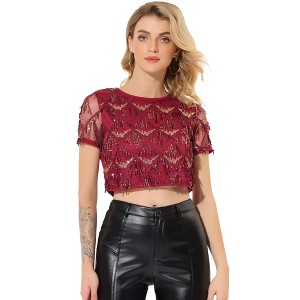 Allegra K Women's Christmas Sequin Shiny Glitter Crop Sheer Short Sleeves Tassel T-Shirt - 1 of 4