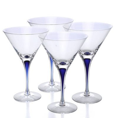 Orrefors Intermezzo 8.5 Fl. Oz. Stemmed Martini Glasses - Set of 4, Blue Drop - Kitchen & Dining Crystal Glassware - Dishwasher Safe