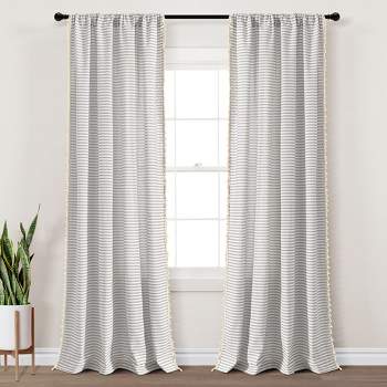 Boho Coastal Horizontal Ticking Stripe Tassel Window Curtain Panels Gray 52X84 Set