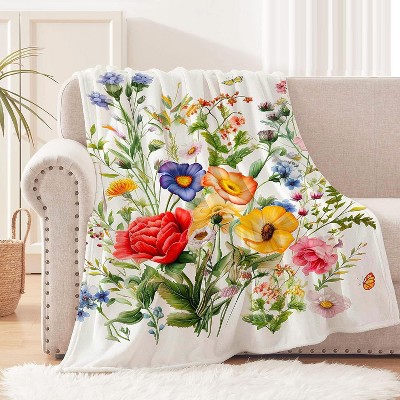 Floral Blanket Vintage Flowers Blankets Butterfly Wildflowers Throw Blanket Soft Cozy Colorful Daisy Plants Bed Blanket for Couch Sofa Christmas Gift.