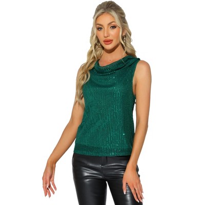INSPIRE CHIC Women's Cowl Neck Sleeveless Sequin Party Shiny Top