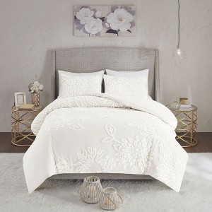 3 Pcs Elegant Floral Chenille Tufted Cotton Comforter Set,All Season Lightweight Home Textile Bedding Set fits Lux Bedroom Decor,Matching Shams - 1 of 4