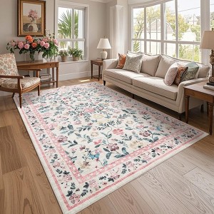 Large Rug for Living Room Non-Slip Ultra-Thin Flower Print Dining Room Rug, Non-Shedding Farmhouse Indoor Mat - 1 of 4