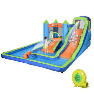 Outsunny 5 in-1 Kids Bounce House with Two Slides, Pool, Trampoline, Climbing Wall, Cannon, Inflatable Water Slide with Blower, Bag, for 3-8 Years Old - 1 of 4