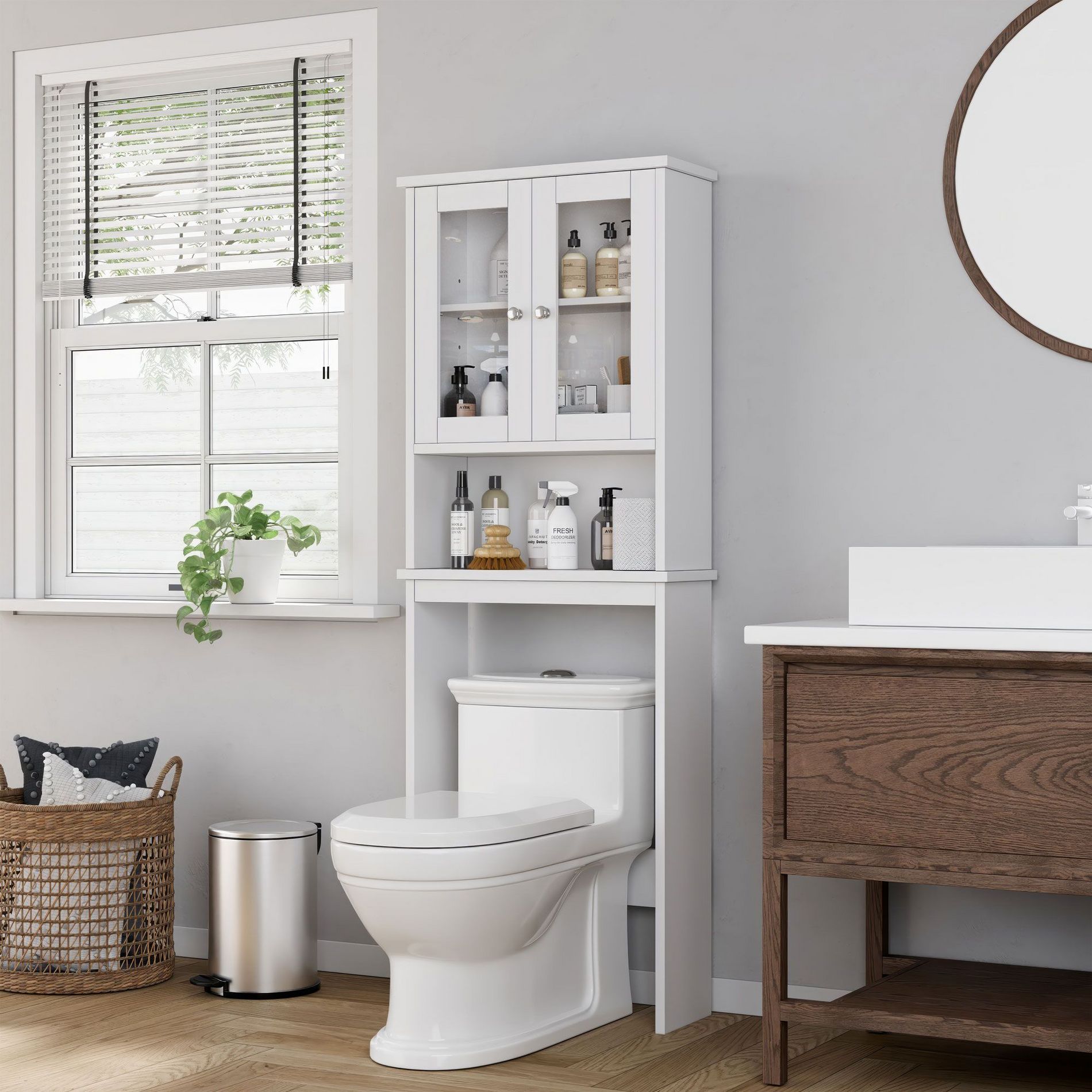 Celebalcony Over The Toilet Storage Cabinet with Double Tempered Glass Doors and Adjustable Shelf White