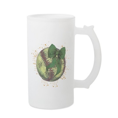 Elanze Designs Freezable Beer Stein Mug With Thumb Grip Handle, 16 Ounce Frosted Glass, Softball With Green Bow