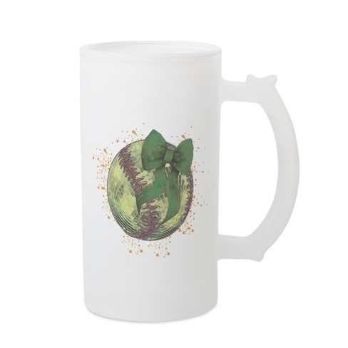 Elanze Designs Freezable Beer Stein Mug With Thumb Grip Handle, 16 Ounce Frosted Glass, Softball With Green Bow - image 1 of 1