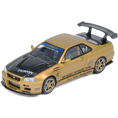 Nissan Skyline GT-R (R34) RHD "Top Secret" Gold Metallic with Carbon Hood and Trunk 1/64 Diecast Model Car by Inno Models