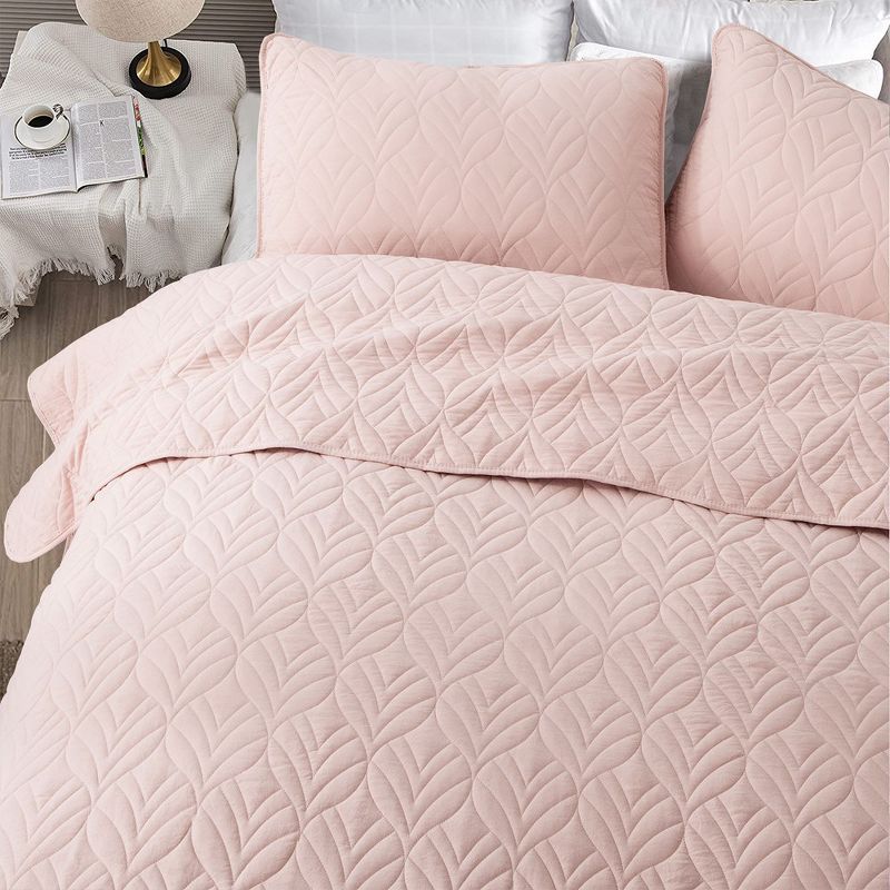Peace Nest Pink Leaf Pattern Quilted Microfiber Coverlet Set, 4 of 6