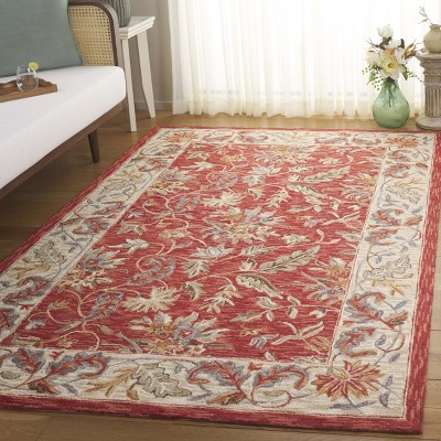 Red Floral Hand-Hooked Wool Area Rug, 6' x 9'