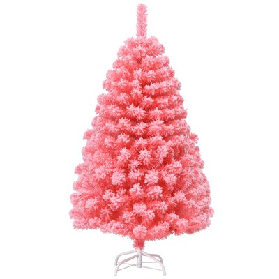 Tangkula Pink Christmas Tree Xmas Decoration Tree w/ Snow Flocked PVC Tips & Metal Stand