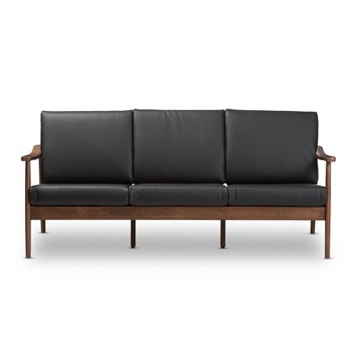 Venza Mid-Century Modern Black Faux Leather Walnut Wood 3-Seater Sofa