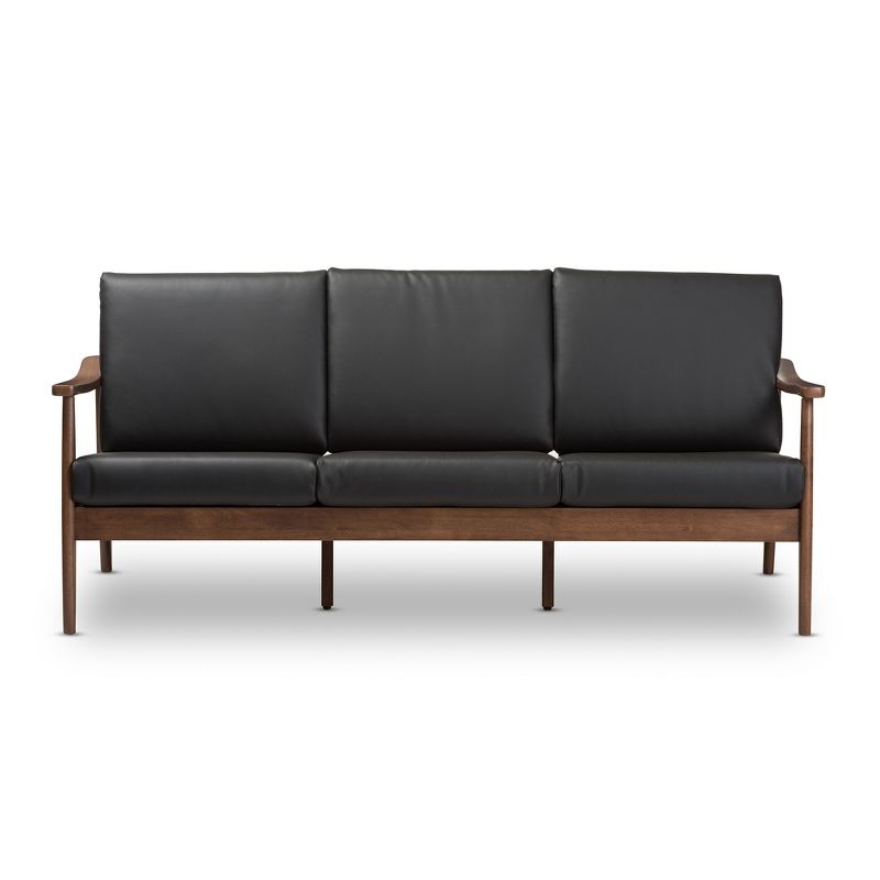 Venza Mid-Modern Walnut Wood Faux Leather 3 Seater Sofa Black - Baxton Studio, 3 of 10