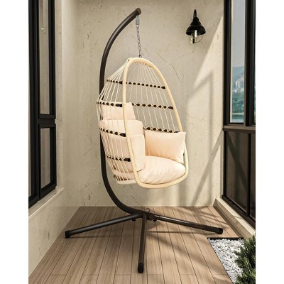 78"Patio Foldable Hanging Swing Chair with Stand Natural Color