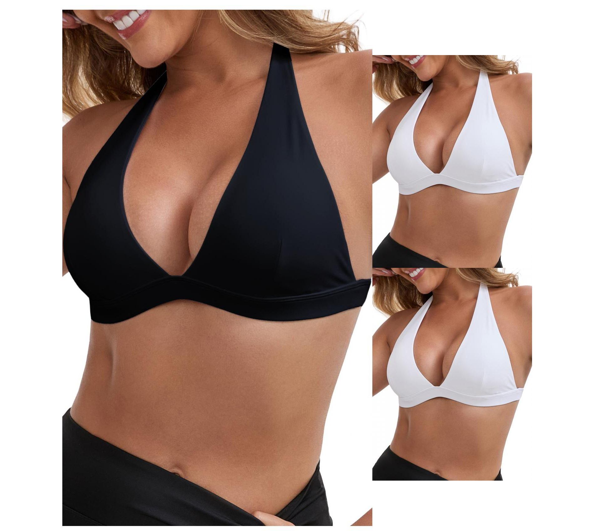 INSPIRE CHIC Women's Halter Neck Plunge Wirefree Backless Cozy Breathable Workout Fitness Sports Bras 3 Packs 1 Black+2 White X-Large