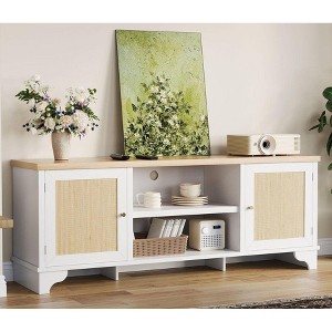 Coolmee Rattan TV Stand for Living Room, Boho Entertainment Center for 55, 65, 70 Inch TV, Wooden Console Cabinet with Storage and Shelf - 1 of 4