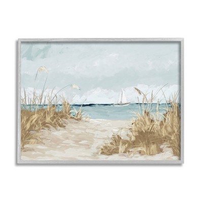 Stupell Industries Sandy Beach Walkway Distant Sailboats Floating Sea Framed Giclee Art