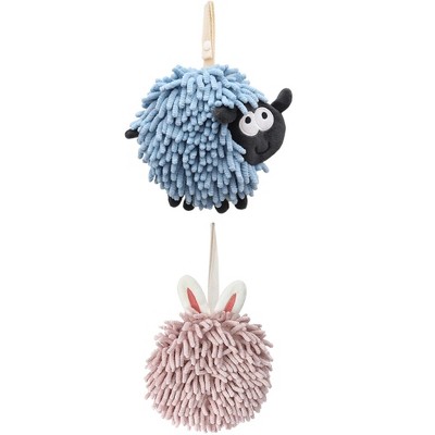 REGALWOVEN 2 Packs Cute Sheep Shape Absorbent Fast Drying Chenille Hand Towels with Hanging Loop 7" x 7"