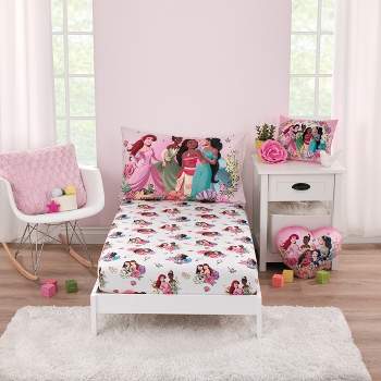 Disney Princesses Courage and Kindness Pink, Blue and White 2 Piece Toddler Sheet Set - Fitted Bottom Sheet and Reversible Pillowcase