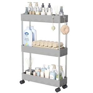 LunaLulinlk 3 Tier Slim Rolling Storage Cart, Slim Cart Kitchen Storage Organizer Rolling Utility/ Mobile Shelving Unit Slide Out Storage Cart, Gray - 1 of 4
