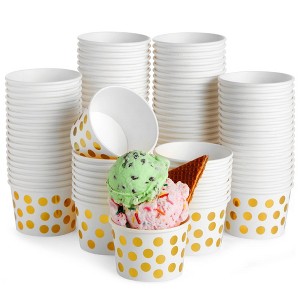 Juvale 100 Pack Paper Ice Cream Cups, Disposable Dessert Bowls with Gold Polka Dots for Sundae Bar, Frozen Yogurt, White, 8 oz - 1 of 4