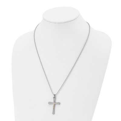 Chisel Stainless Steel Polished with 14k Gold Accent Crucifix Pendant on a 22" Ball Chain Necklace