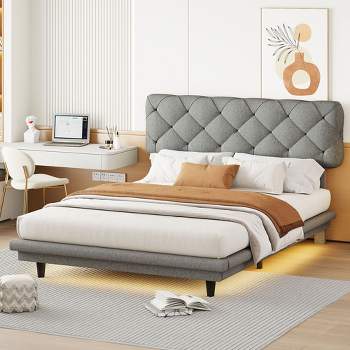 Twin/Full Size Linen Fabric Upholstered Bed with Light Stripe, Floating Platform Bed - ModernLuxe