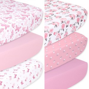 The Peanutshell Pink Butterfly, Rose and Floral Fitted Crib Sheets for Girls, 6-Pack Set  | Pink - 1 of 4