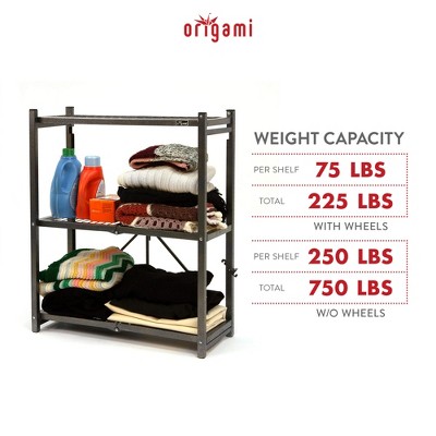 Pewter Heavy Duty Foldable 3-Tier Metal Shelf with Wheels