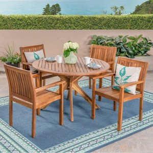 Karen 5pc Acacia Dining Set - Teak - Christopher Knight Home: Weather-Resistant, Circular Table, 4 Arm Chairs - 1 of 4
