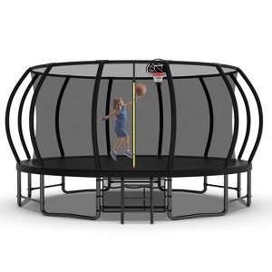 KWPZQEB Pumpkin Trampoline, Outdoor Kids Trampoline w/ Safety Enclosure & Ladder, Heavy Duty Jumping Mat w/ Basketball Hoop & Anti-Rust Coating - 1 of 4