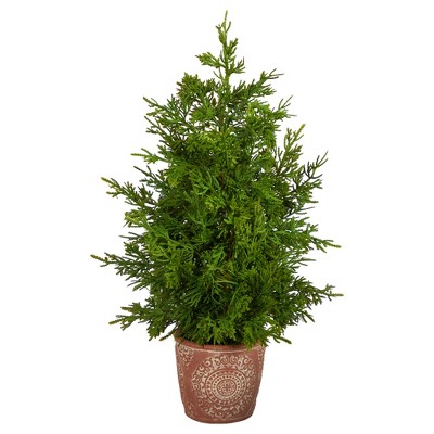 Nearly Natural 21-in Cedar Pine Natural Look Artificial Tree in Decorative Planter
