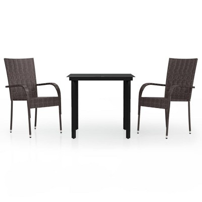vidaXL 3-Piece Rattan Patio Dining Set with Powder-Coated Steel Frame and Glass Tabletop - Brown and Black