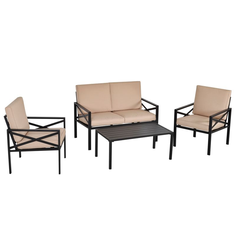 Outsunny 4-Piece Patio Furniture Set Garden Conversation Set with Soft Washable Cushions & Strong Steel Frame, Beige, 1 of 7