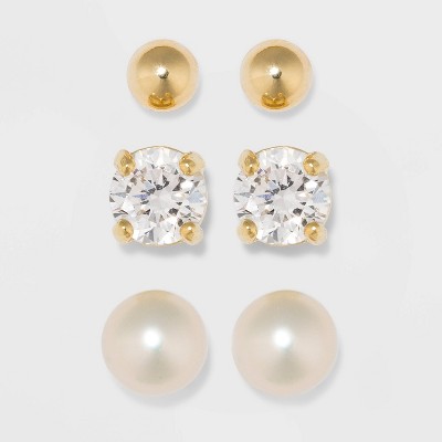 Gold Over Sterling Silver Cubic Zirconia and Freshwater Pearl Fine Jewelry Stud Earring Set 3pc - A New Day™ Gold/Clear