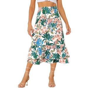 INSPIRE CHIC Women's Chiffon Elastic Waist Ruffle Tiered Flowy Midi Floral Printed Skirts - 1 of 4