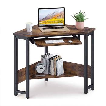 ODK Corner Triangle Vintage Wooden Steel Frame Computer Desk Workstation with Open Storage Space and Keyboard Tray
