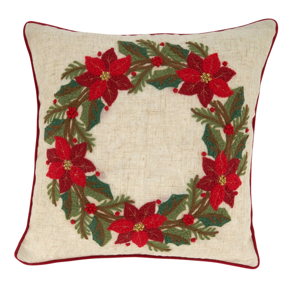 Photos - Pillowcase 16"x16" Christmas with Poinsettia Wreath Design Square Throw Pillow Cover