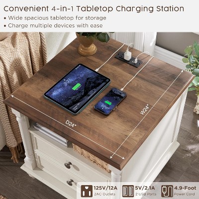 24" Farmhouse Nightstand wtih Charging Station, Square End Table Side Table with 4 Solid Wood Feet &  2 Drawers for Living Room, Bedroom