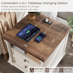 24" Farmhouse Nightstand wtih Charging Station, Square End Table Side Table with 4 Solid Wood Feet &  2 Drawers for Living Room, Bedroom - 1 of 4