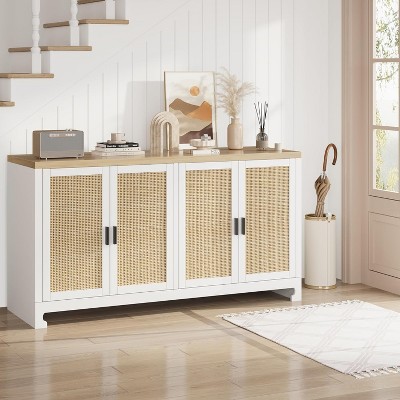 4-Door Sideboard Buffet Cabinet, Natural Rattan Storage Cabinet, Boho Entryway Console Table, Coffee Bar Station for Dining Room, Living Room